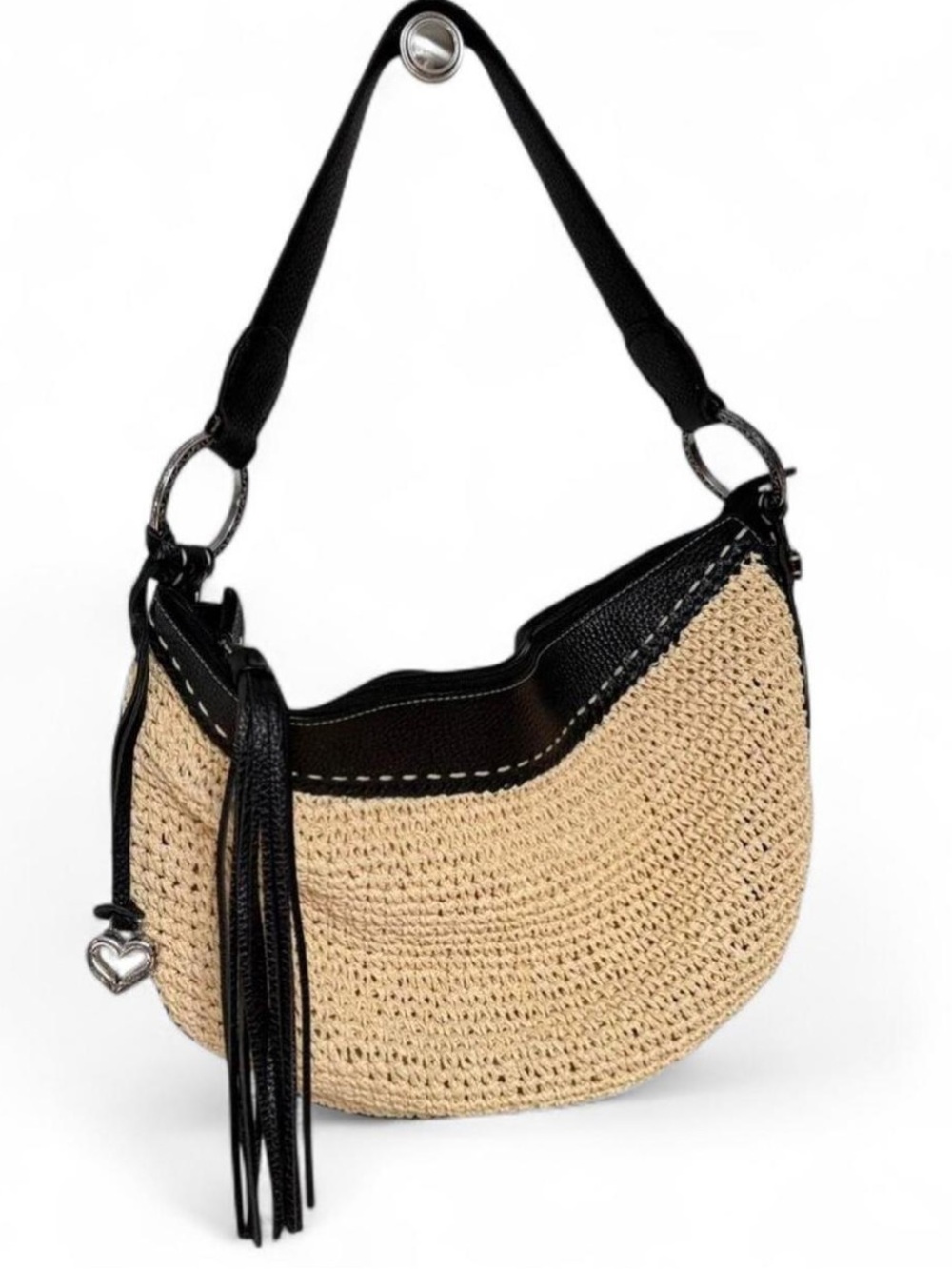 Brighton Woven Straw Hobo Bag with Black Leather Trim